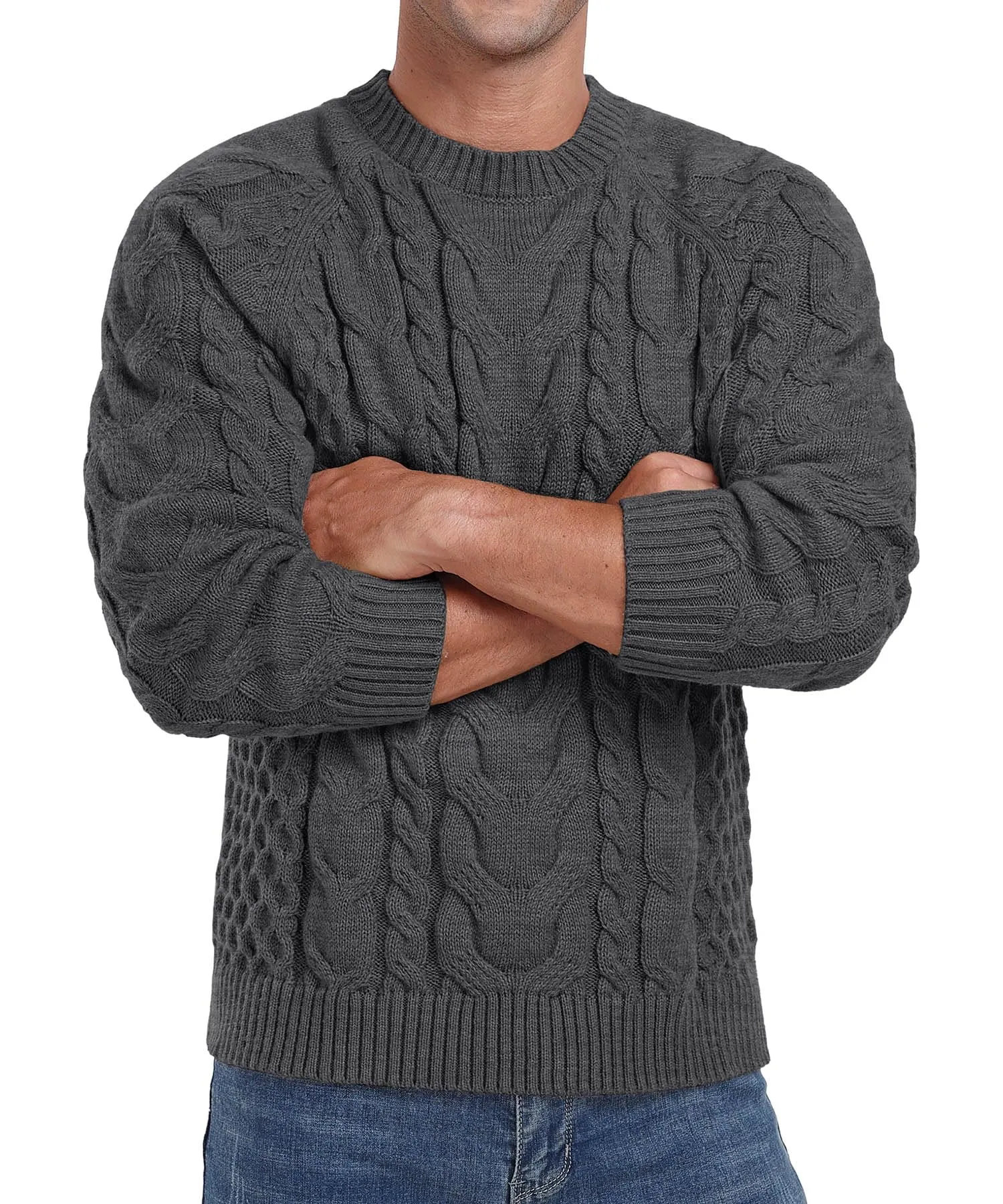 Askdeer Men's Crewneck Sweater Cable Knit Pullover Sweater Soft Casual Long Sleeve Textured Sweater Tops