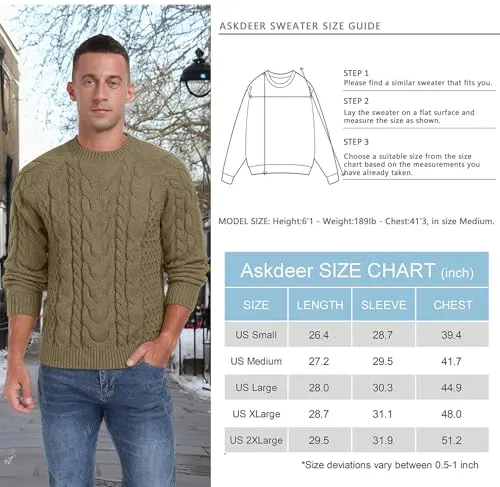 Askdeer Men's Crewneck Sweater Cable Knit Pullover Sweater Soft Casual Long Sleeve Textured Sweater Tops