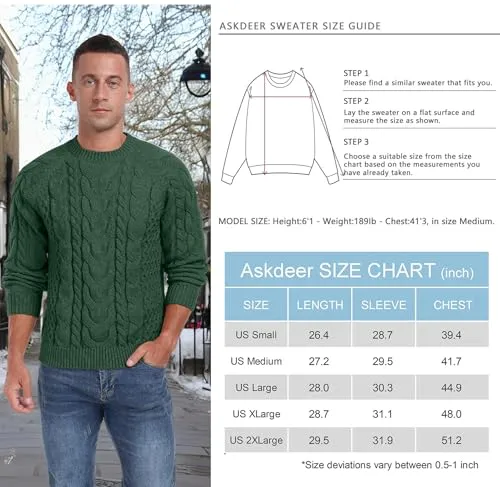 Askdeer Men's Crewneck Sweater Cable Knit Pullover Sweater Soft Casual Long Sleeve Textured Sweater Tops