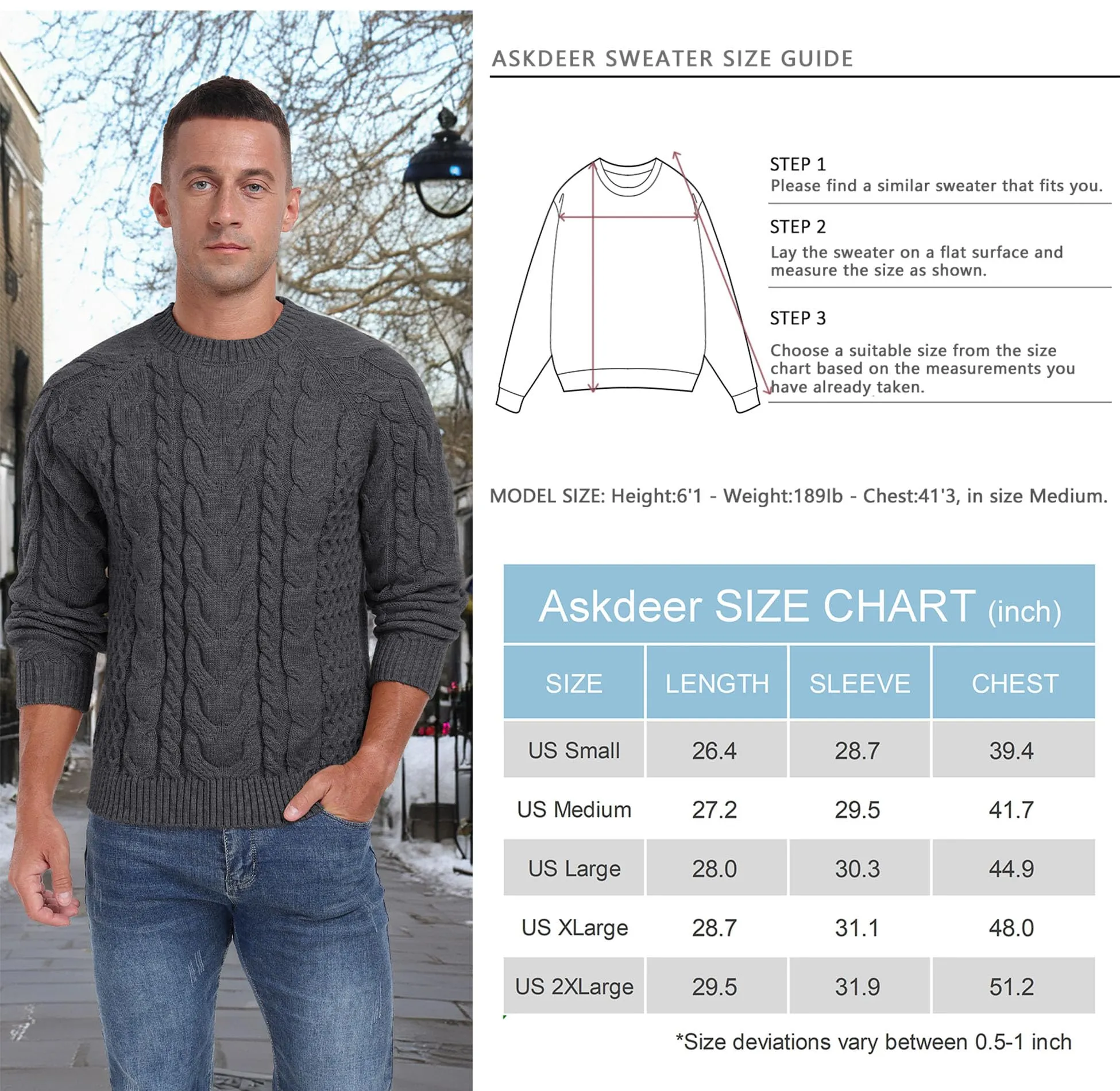 Askdeer Men's Crewneck Sweater Cable Knit Pullover Sweater Soft Casual Long Sleeve Textured Sweater Tops
