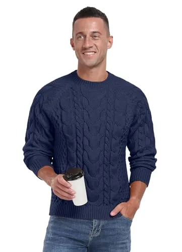 Askdeer Men's Crewneck Sweater Cable Knit Pullover Sweater Soft Casual Long Sleeve Textured Sweater Tops