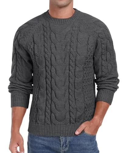 Askdeer Men's Crewneck Sweater Cable Knit Pullover Sweater Soft Casual Long Sleeve Textured Sweater Tops
