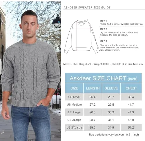 Askdeer Men's Crewneck Sweater Cable Knit Pullover Sweater Soft Casual Long Sleeve Textured Sweater Tops