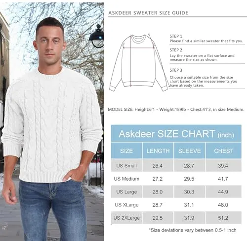 Askdeer Men's Crewneck Sweater Cable Knit Pullover Sweater Soft Casual Long Sleeve Textured Sweater Tops