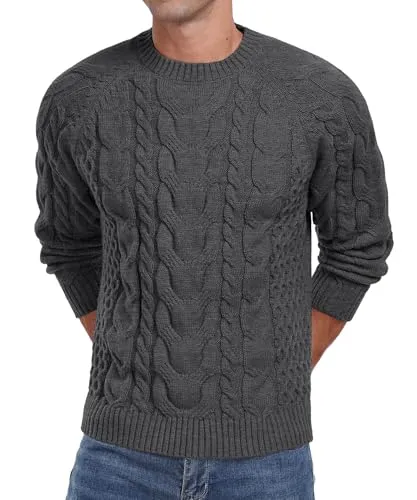 Askdeer Men's Crewneck Sweater Cable Knit Pullover Sweater Soft Casual Long Sleeve Textured Sweater Tops