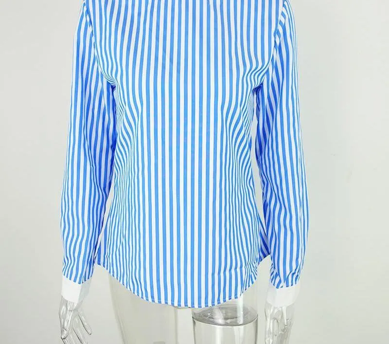 backless blue striped women blouses casual long sleeve girls blouse Hollow out o neck bow