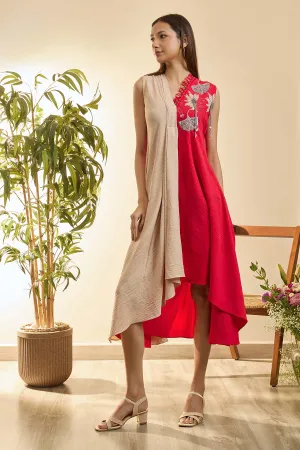 Beige & Red High-Low Midi Dress