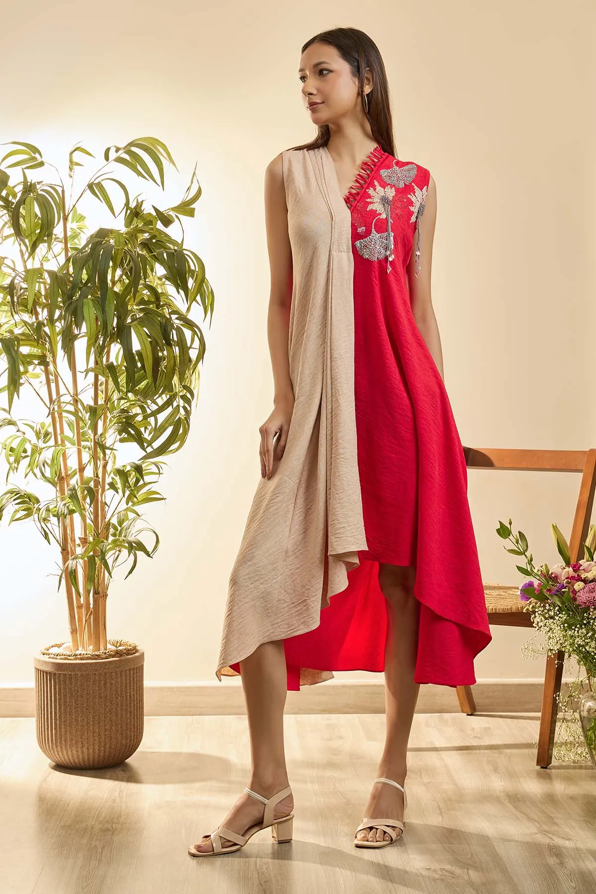 Beige & Red High-Low Midi Dress