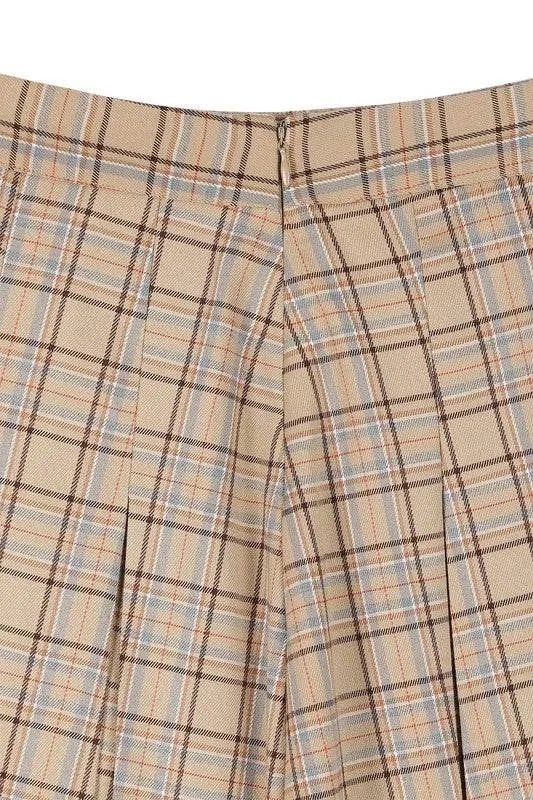 Beige Check Plaid Pleated Mini Skirt