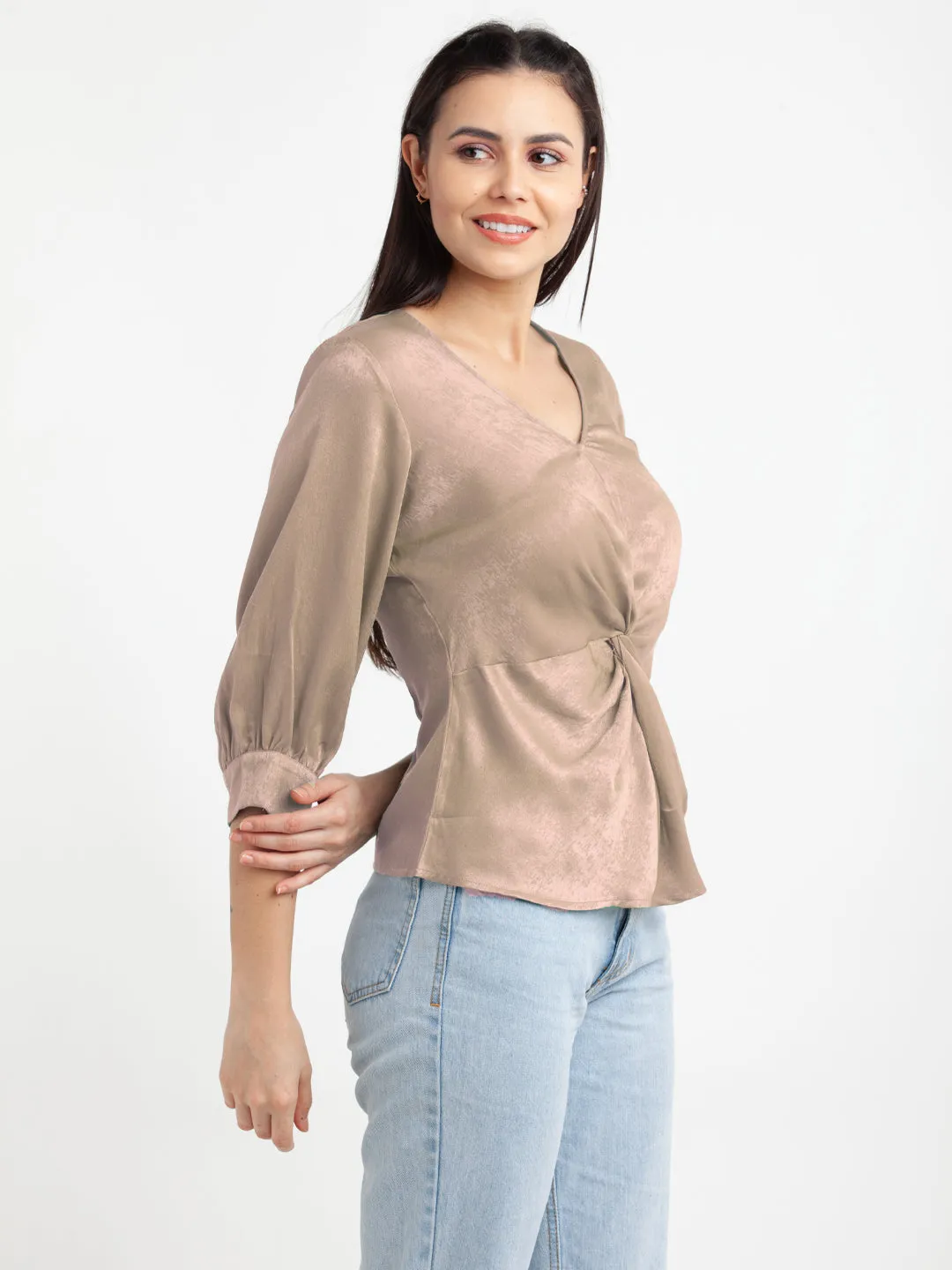 Beige Solid V-Neck Top
