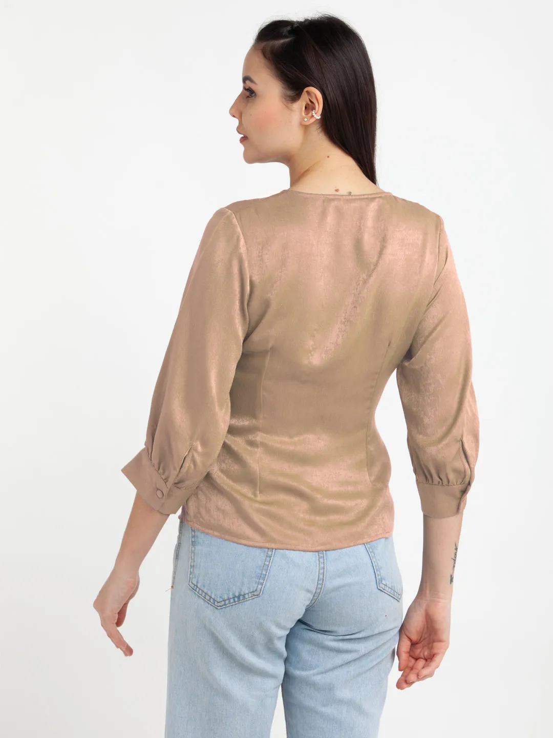 Beige Solid V-Neck Top
