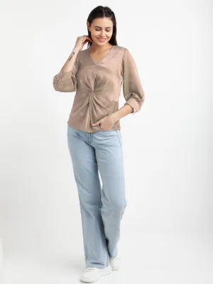 Beige Solid V-Neck Top