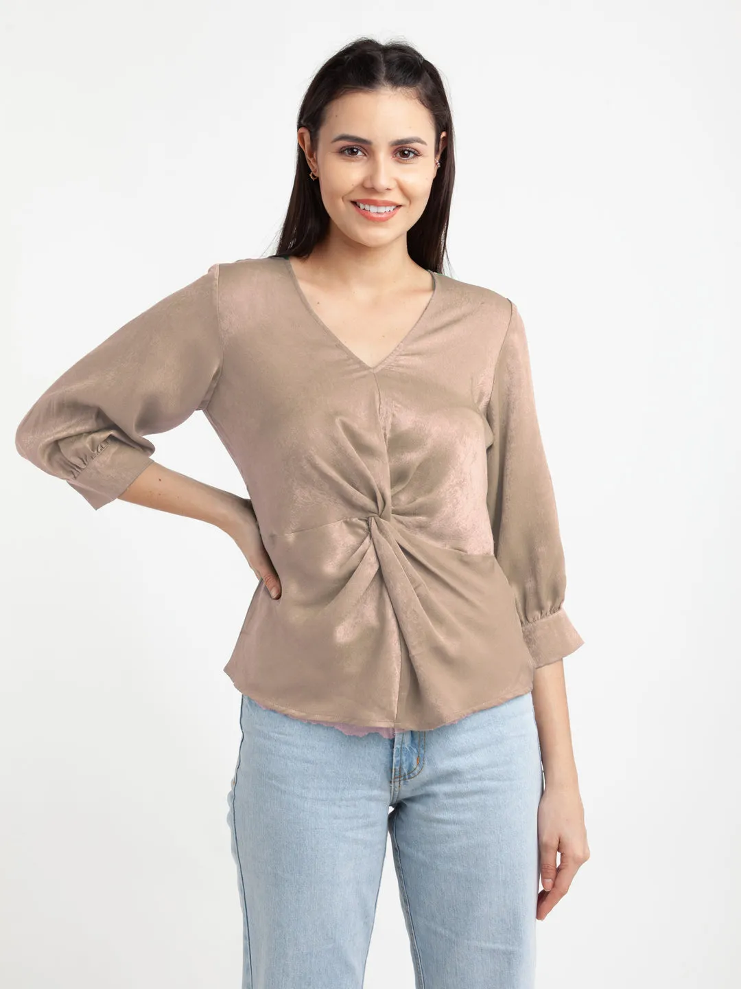 Beige Solid V-Neck Top