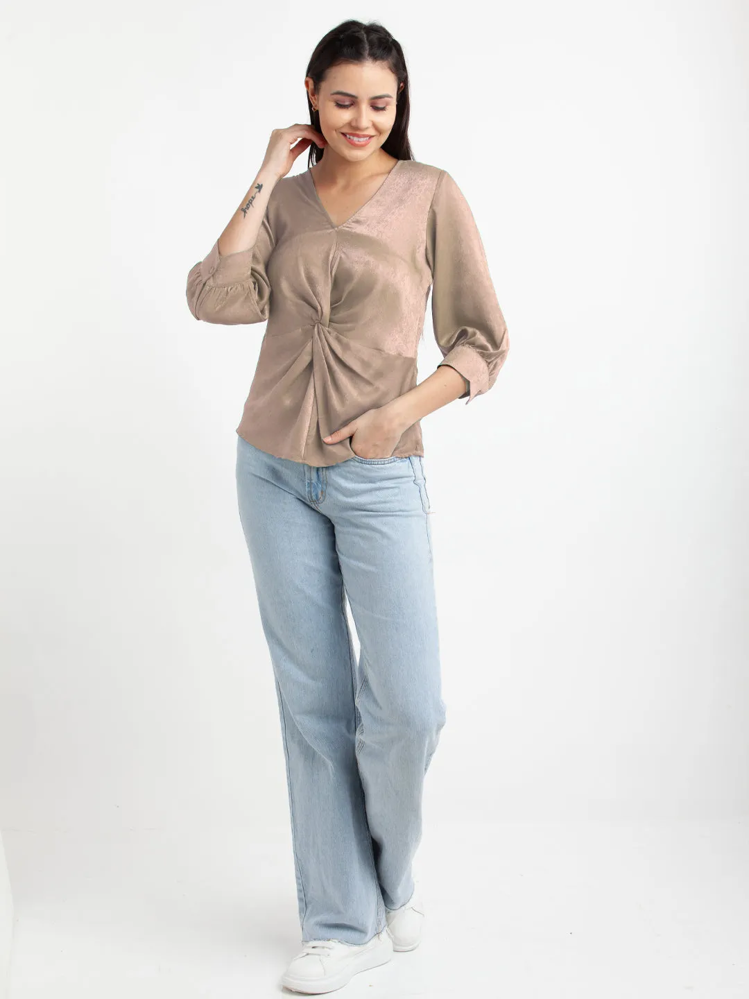 Beige Solid V-Neck Top