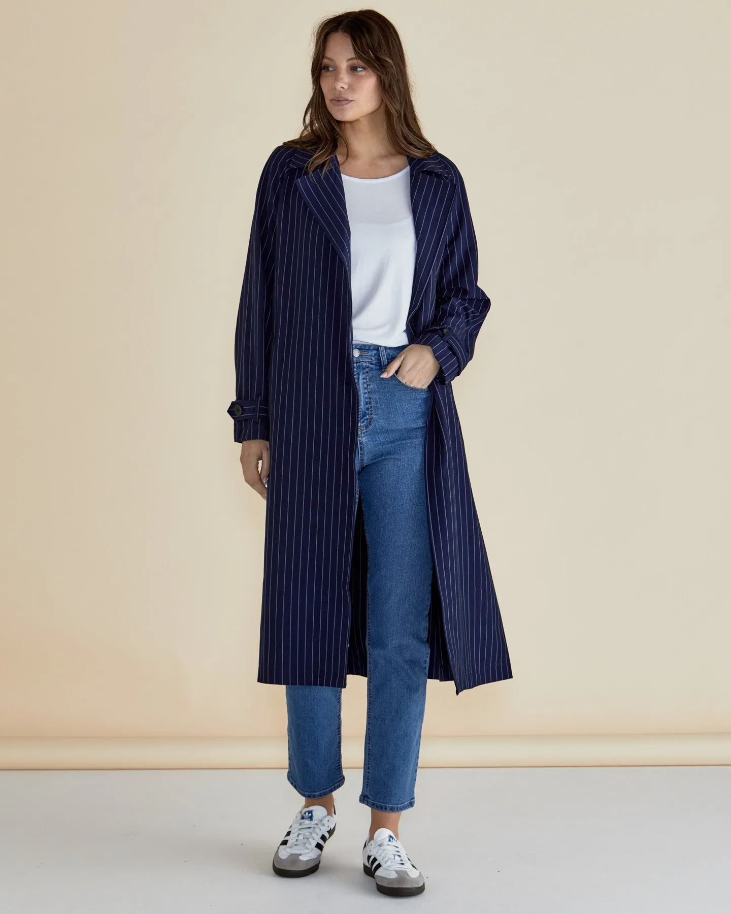 Betty Basics Mayla Duster - Blue Pinstripe