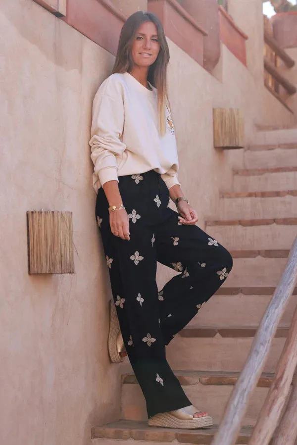 Black Embroidered Viscose Pull-On Pants