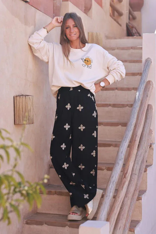 Black Embroidered Viscose Pull-On Pants