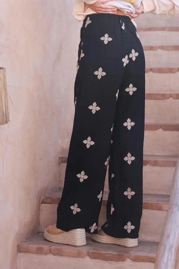 Black Embroidered Viscose Pull-On Pants