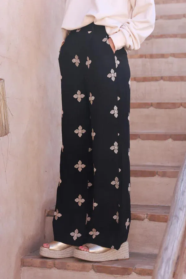 Black Embroidered Viscose Pull-On Pants