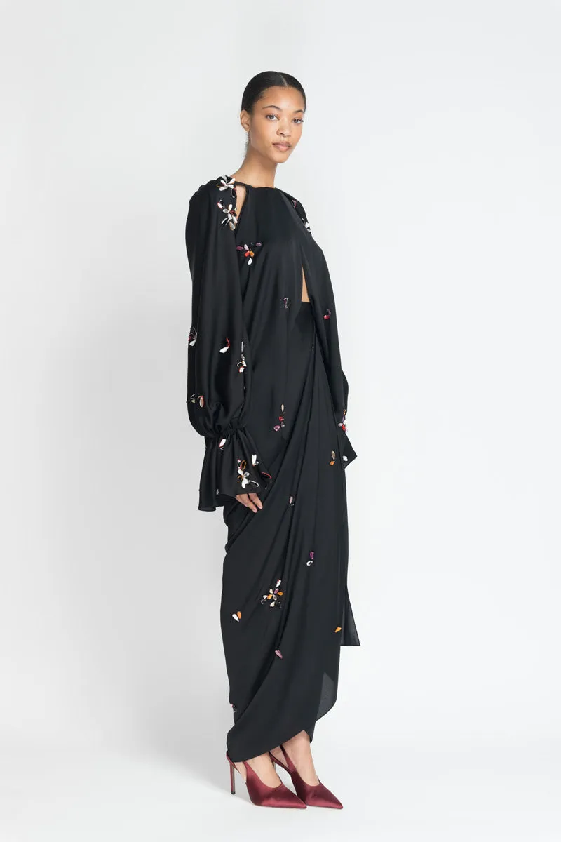 Black Satin Crepe Palazzo Dress with Petal Embroidery