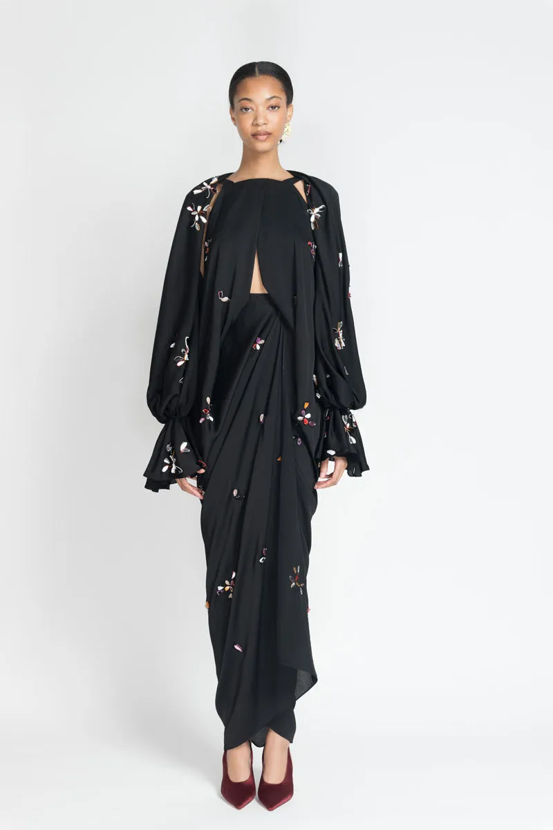 Black Satin Crepe Palazzo Dress with Petal Embroidery