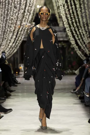 Black Satin Crepe Palazzo Dress with Petal Embroidery