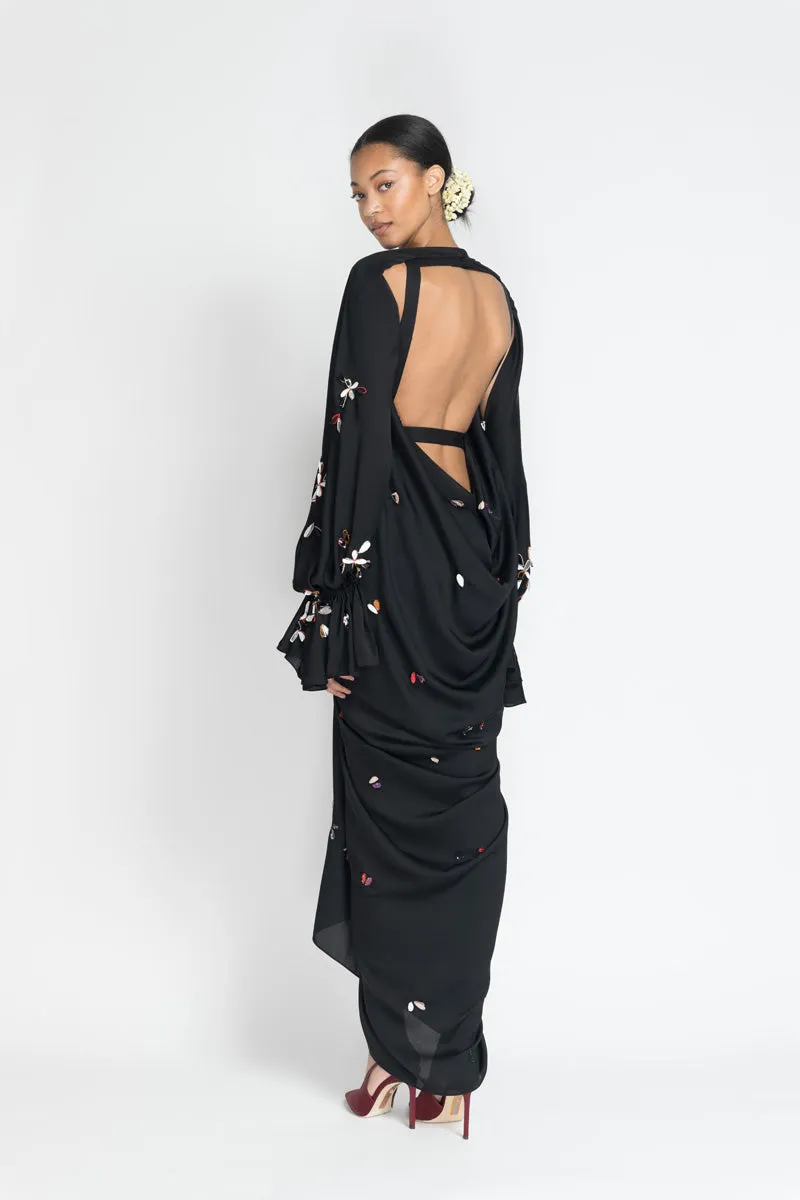 Black Satin Crepe Palazzo Dress with Petal Embroidery