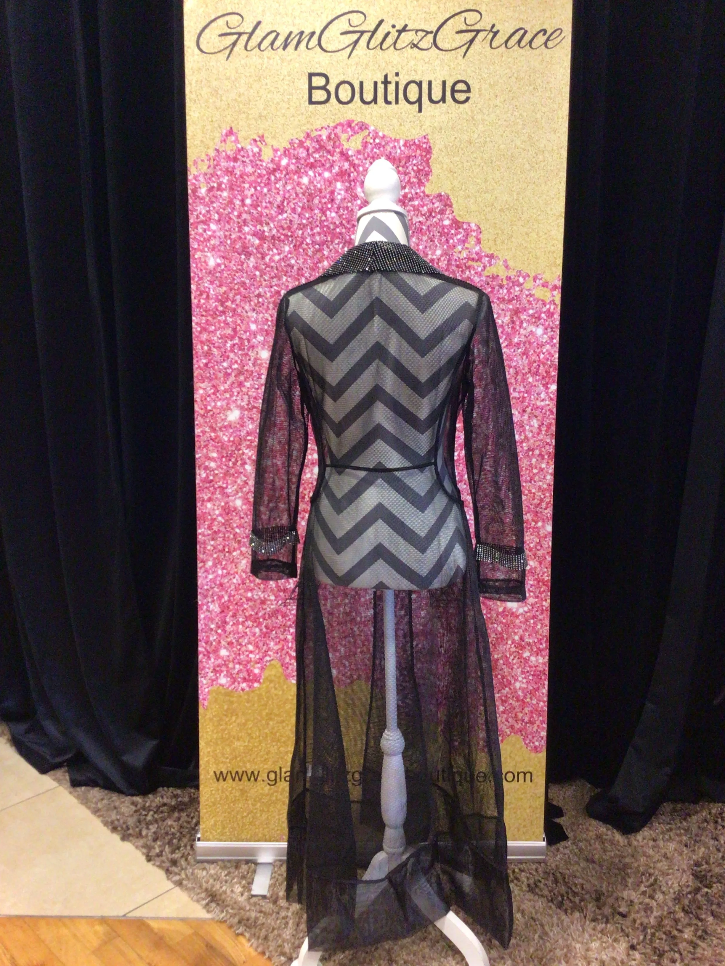 Black Sheer Long Duster With Sequins