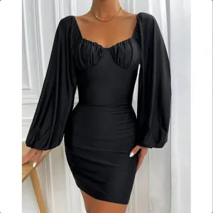 Black Sweet-Heart Neck Lantern Sleeve High Waist Mini Dress