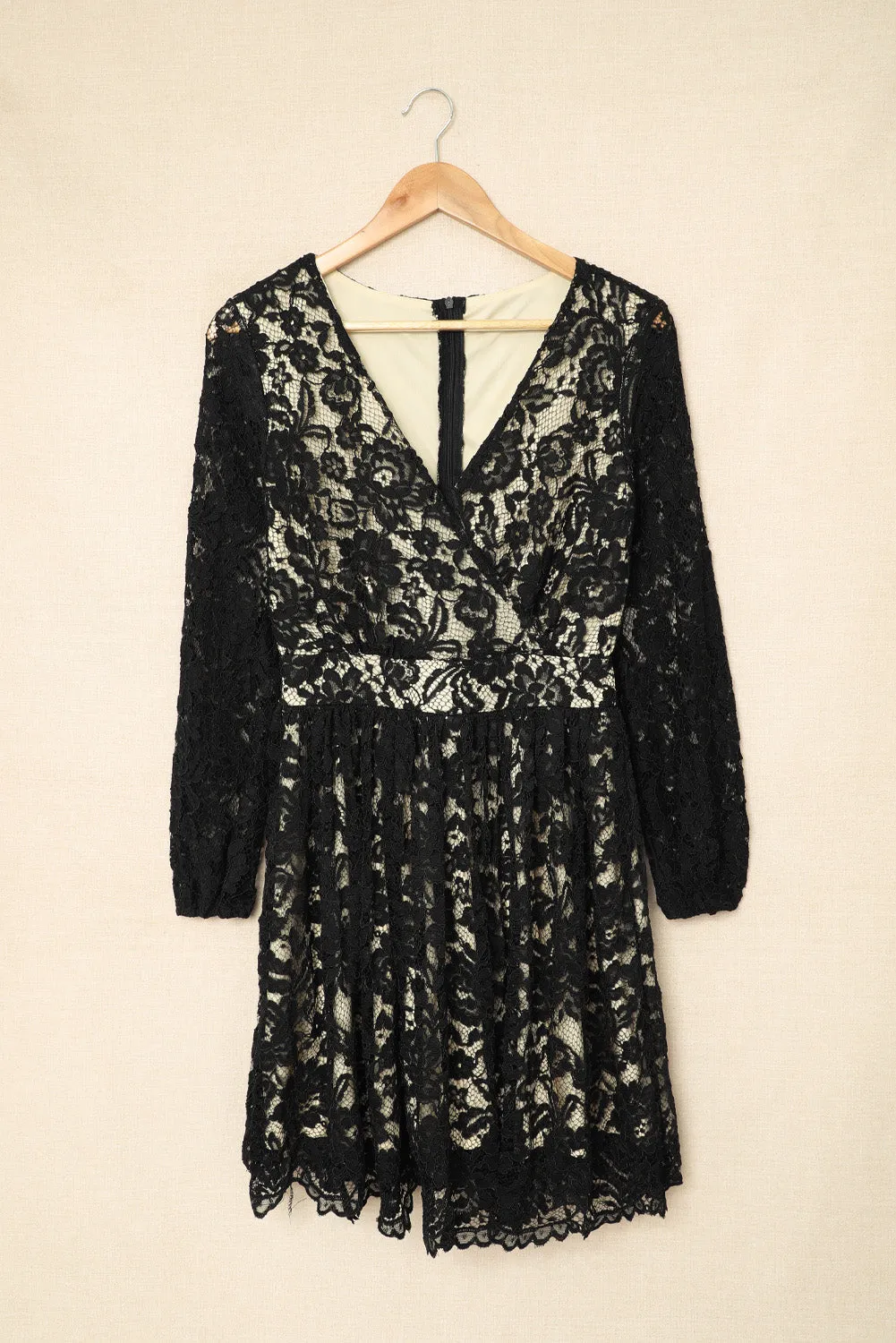 Black V Neck Lace Skater Mini Dress