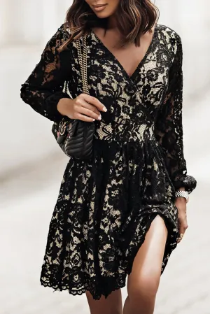 Black V Neck Lace Skater Mini Dress