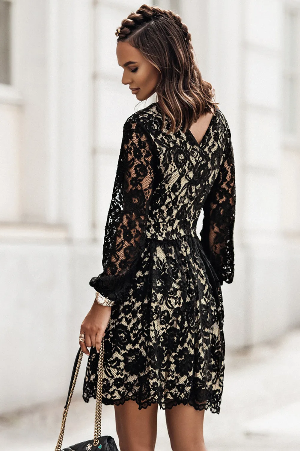 Black V Neck Lace Skater Mini Dress