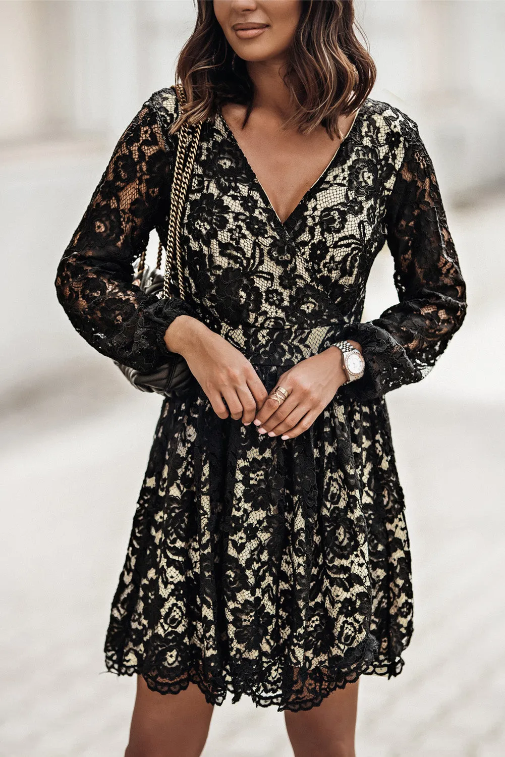 Black V Neck Lace Skater Mini Dress