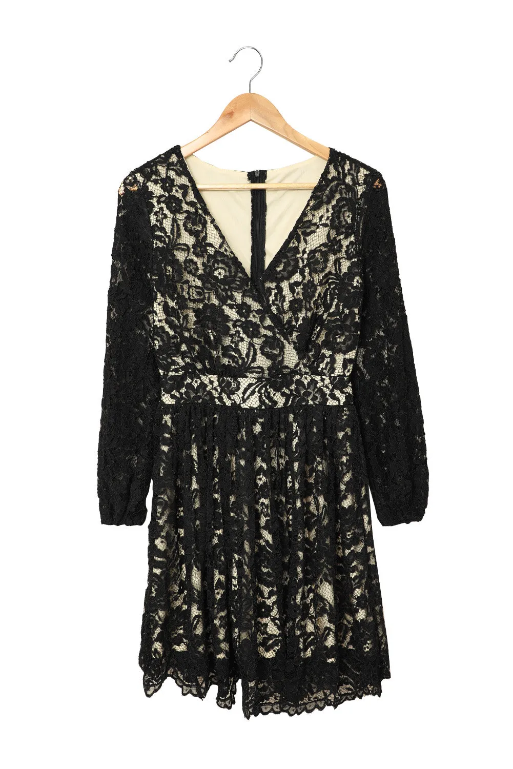Black V Neck Lace Skater Mini Dress