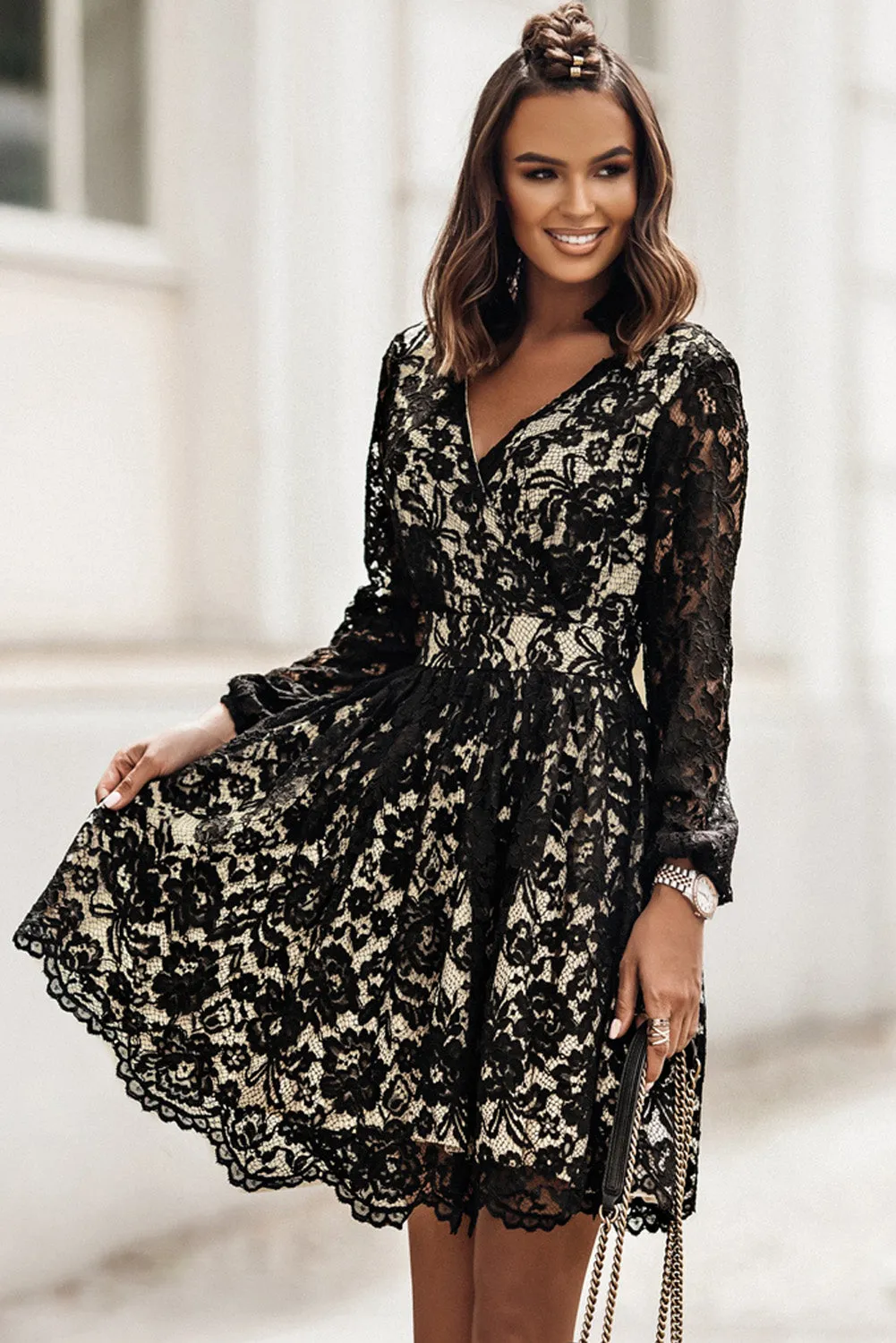 Black V Neck Lace Skater Mini Dress