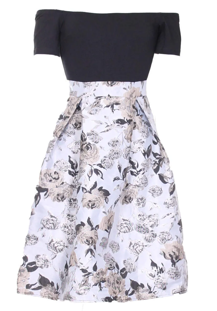 Black/Silver Contrast 2 In 1 Floral Dress