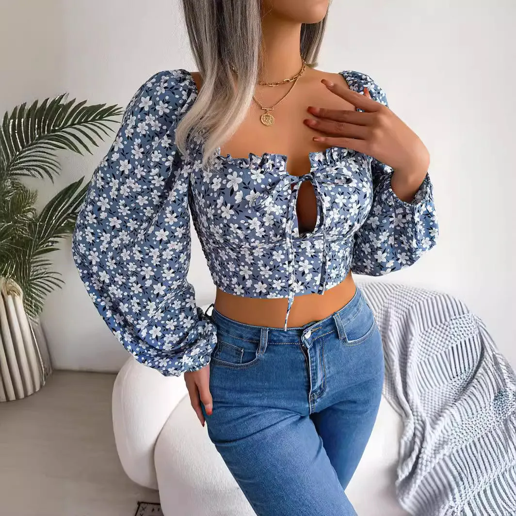 Blue Floral Tie Up Blouse