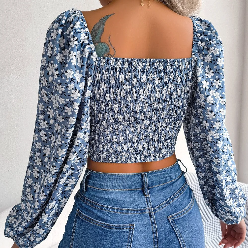 Blue Floral Tie Up Blouse