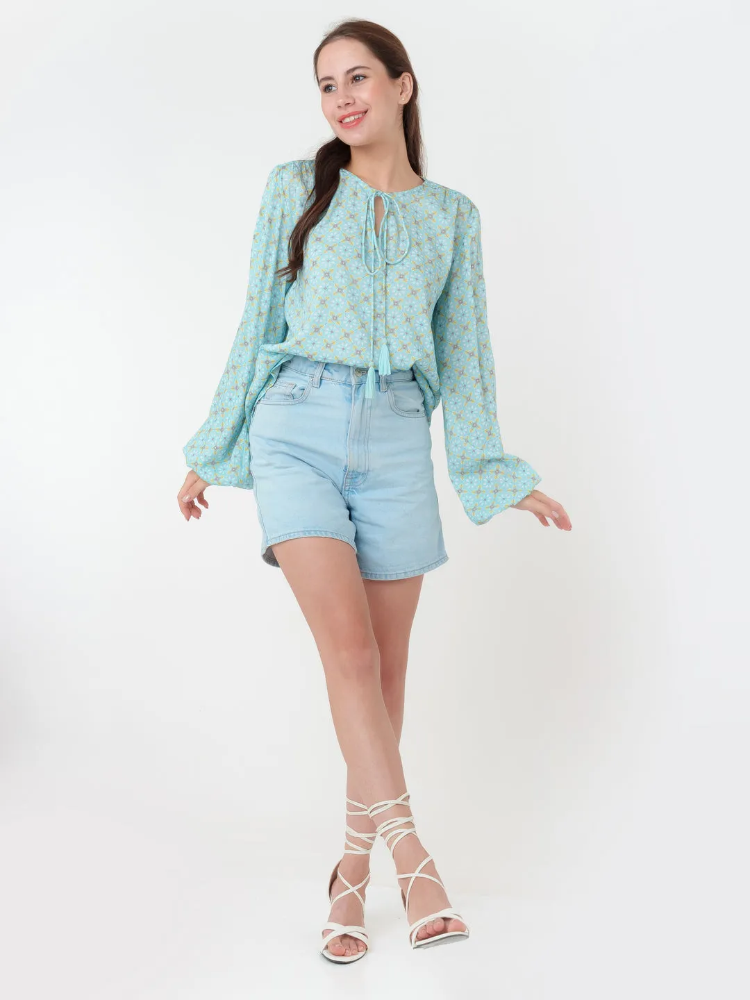 Blue Geometric Print Straight Top