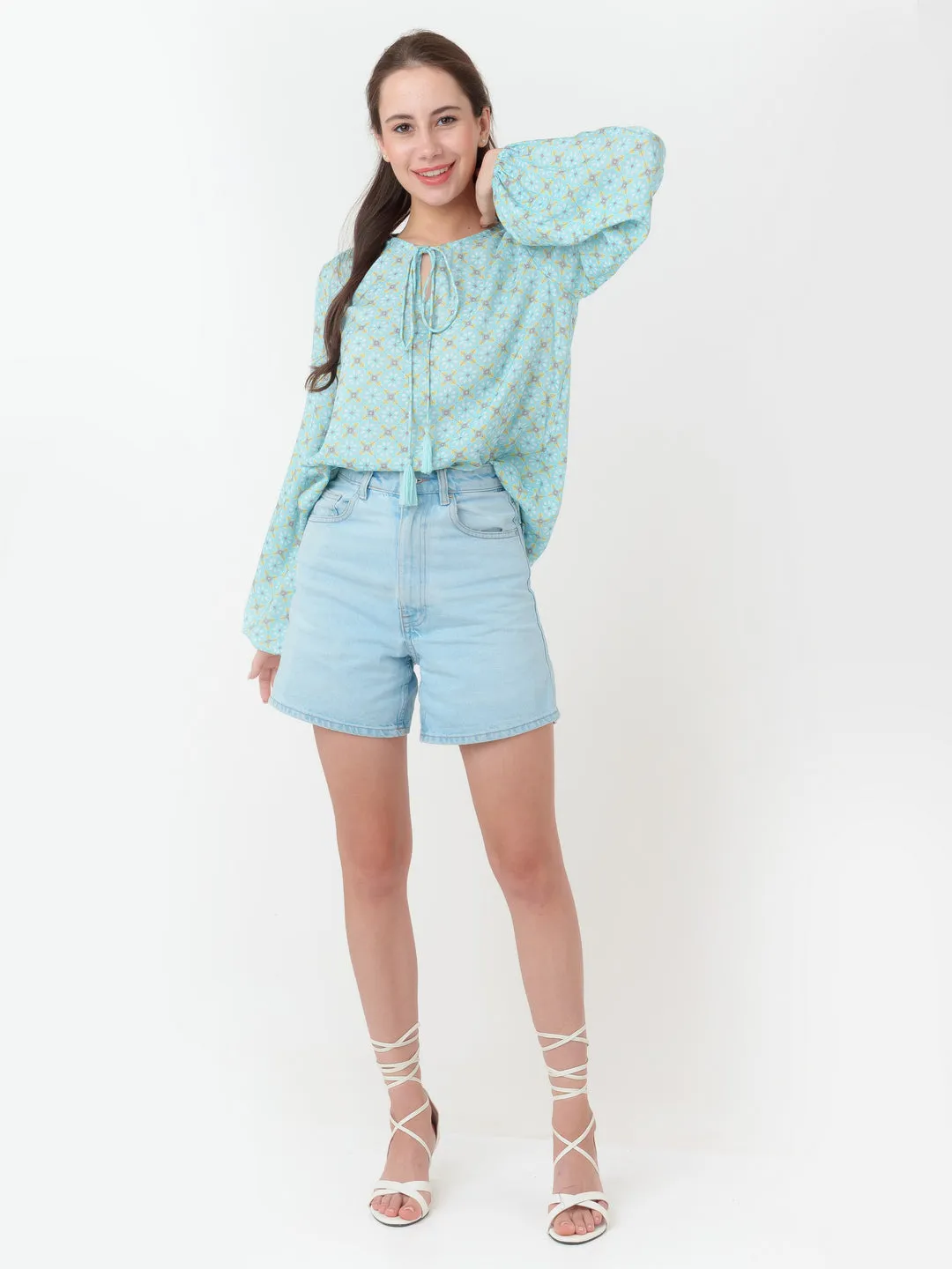 Blue Geometric Print Straight Top