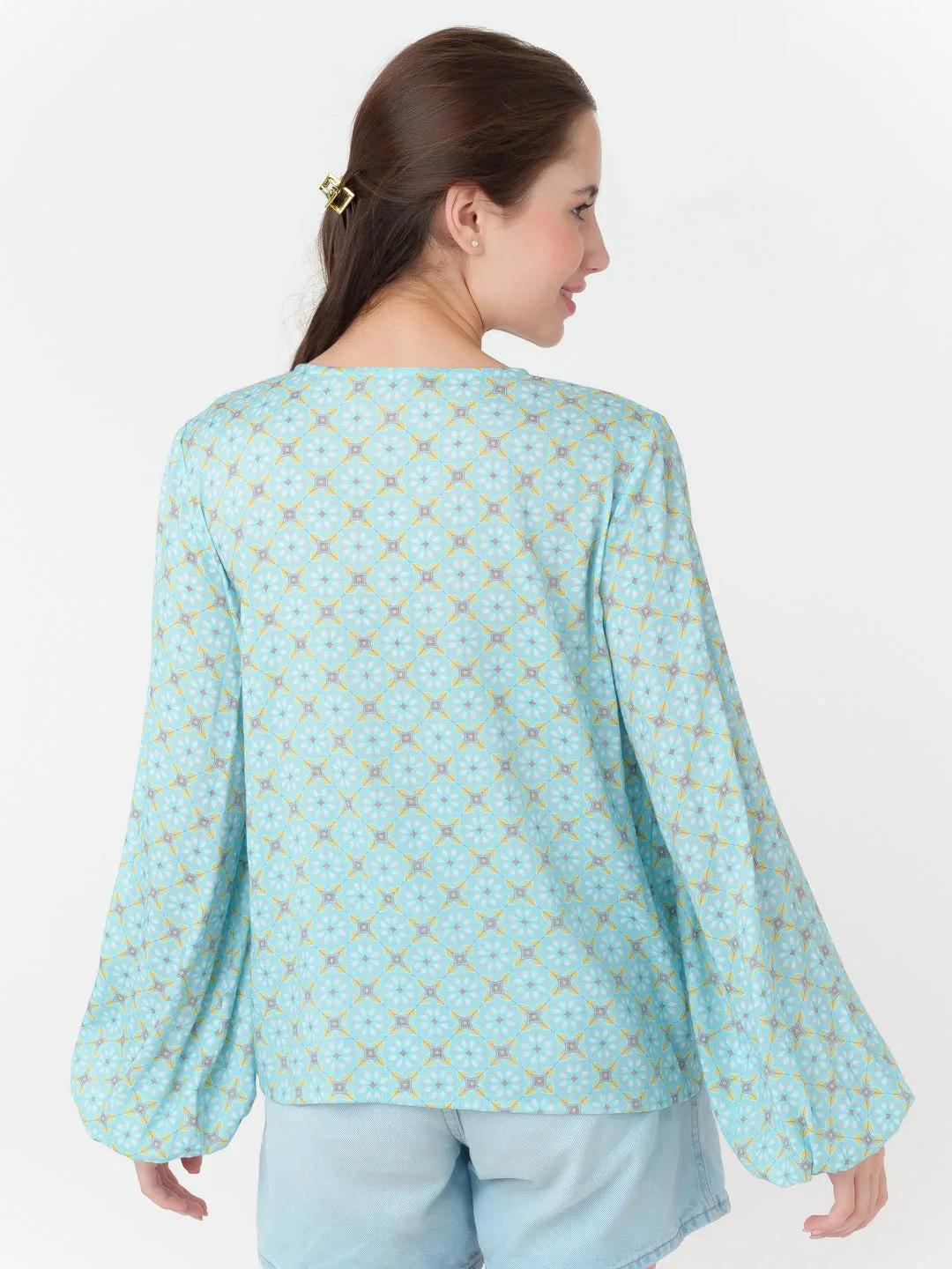 Blue Geometric Print Straight Top