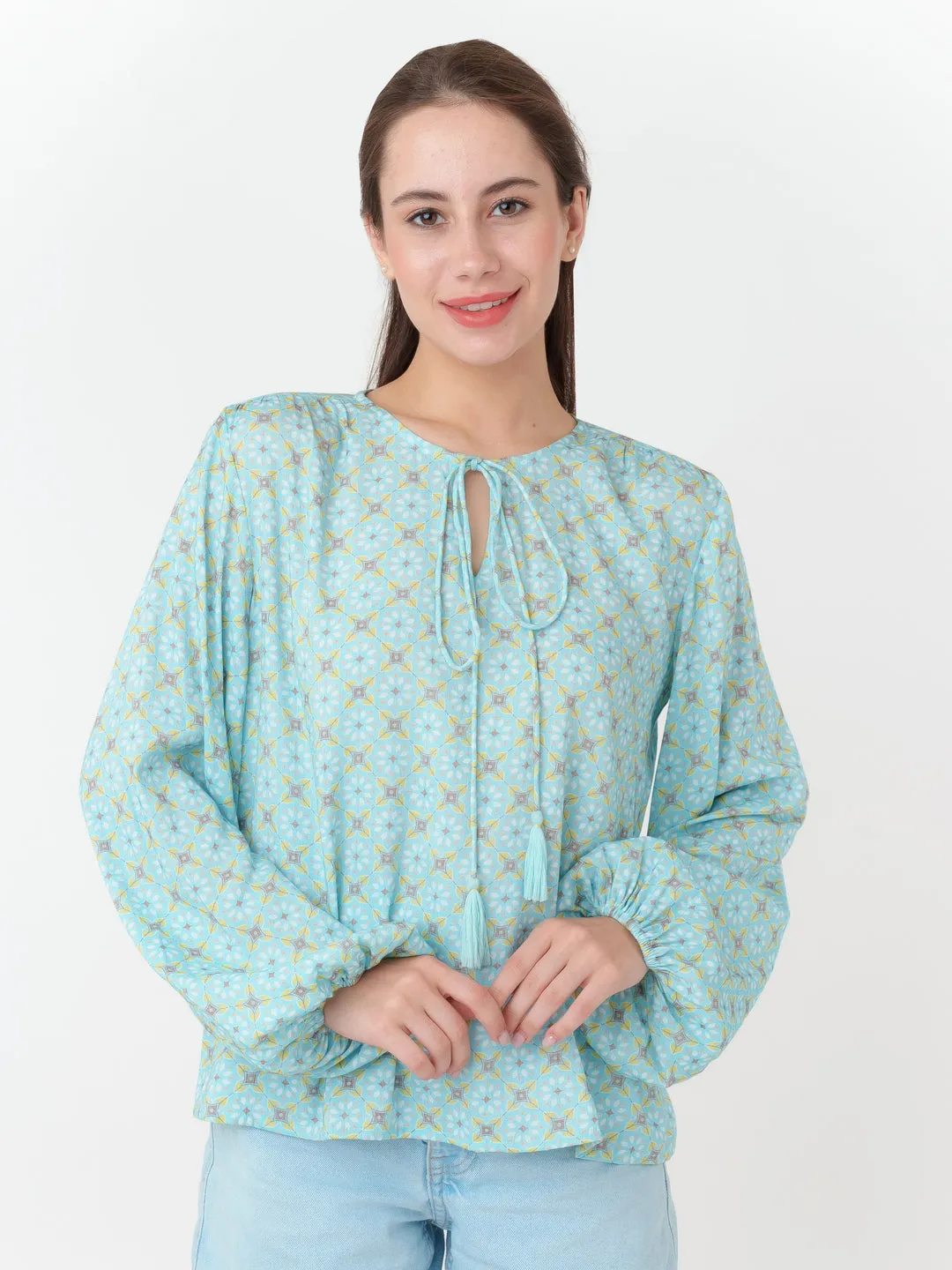 Blue Geometric Print Straight Top