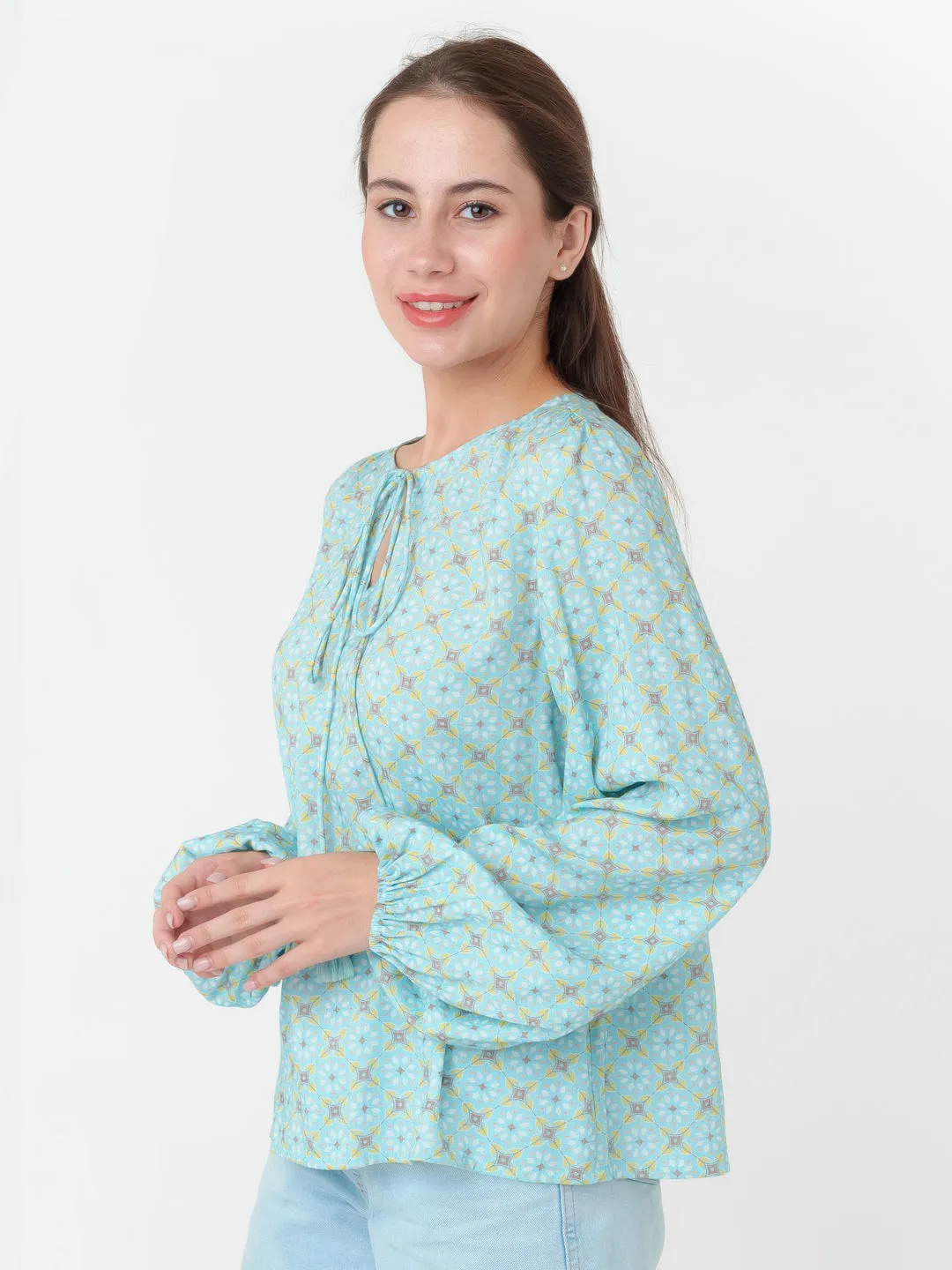 Blue Geometric Print Straight Top