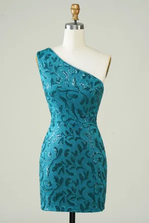 Blue One Shoulder Tight Homecoming Dress with Back Hollow-out