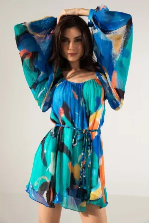 Blue Printed Short Chiffon Dress
