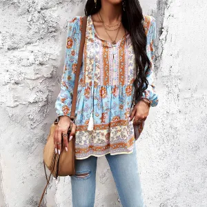 Bohemian colorful floral Blouse, Casual Printed V-neck Long-sleeved top