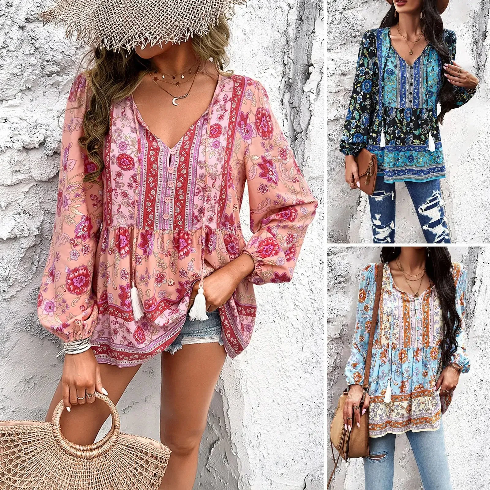 Bohemian colorful floral Blouse, Casual Printed V-neck Long-sleeved top