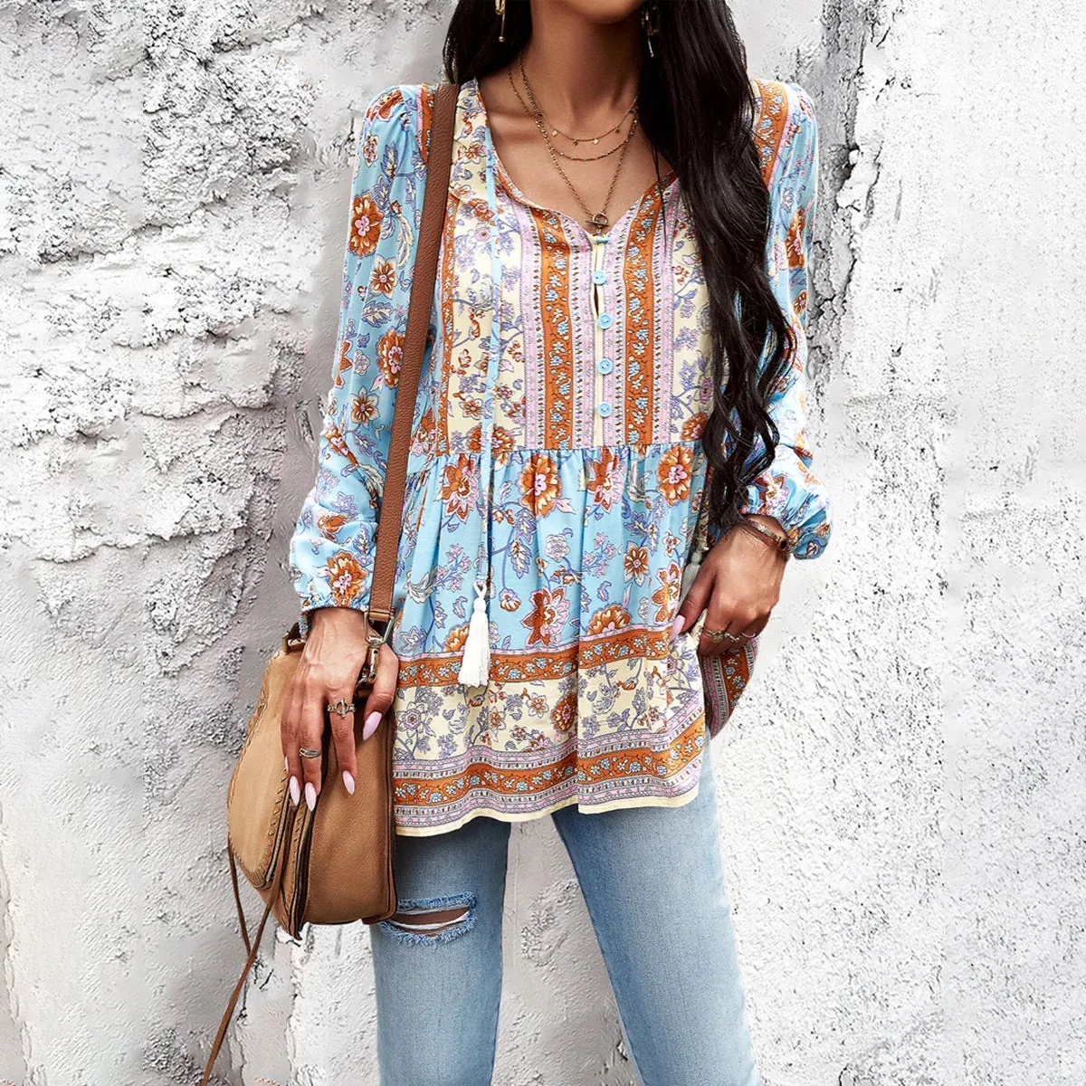 Bohemian colorful floral Blouse, Casual Printed V-neck Long-sleeved top
