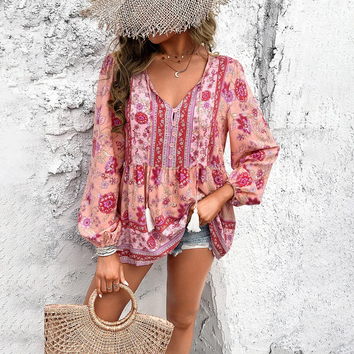 Bohemian colorful floral Blouse, Casual Printed V-neck Long-sleeved top
