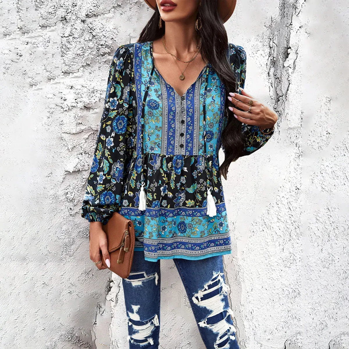 Bohemian colorful floral Blouse, Casual Printed V-neck Long-sleeved top
